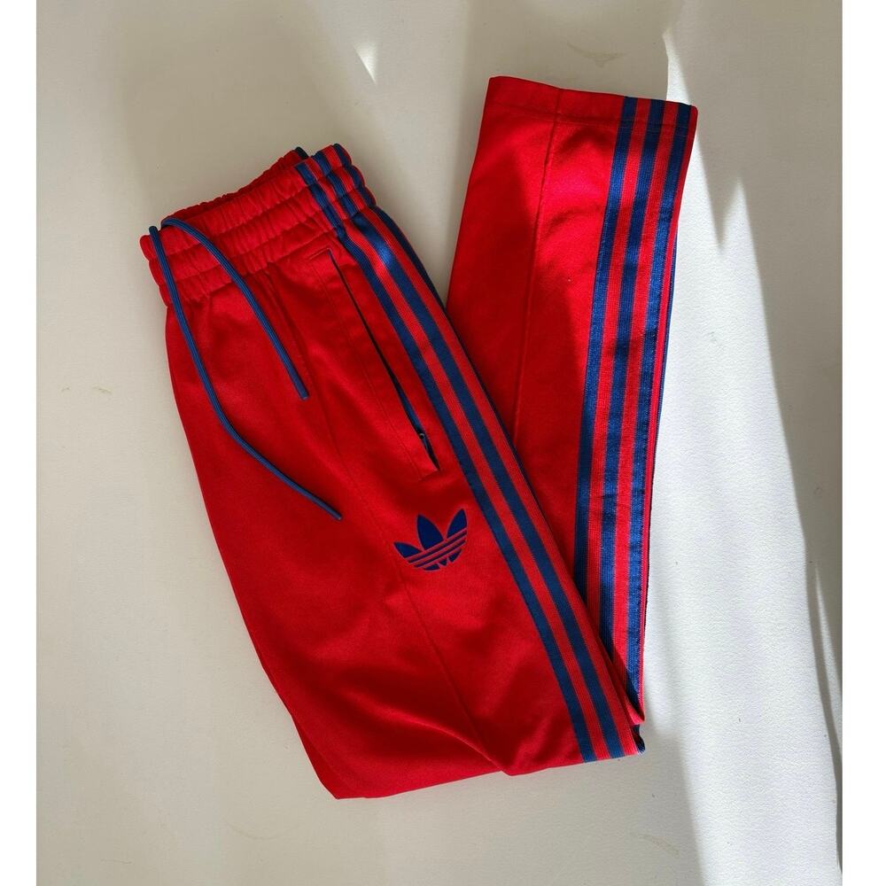 adidas Originals Red Track Pants with Blue Stripes
